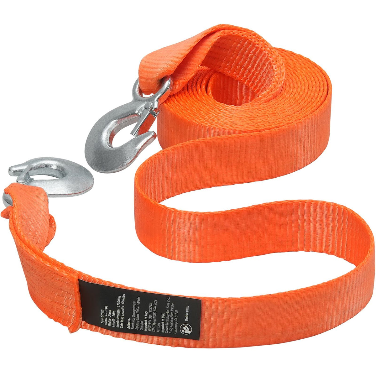 ATV Tow Strap with Hooks, 2-inch x 20-foot, 17000 lbs Capacity, Durable Recovery Rope with Security Hooks for Trucks and Vehicles, Essential Towing Accessory for Roadside Assistance