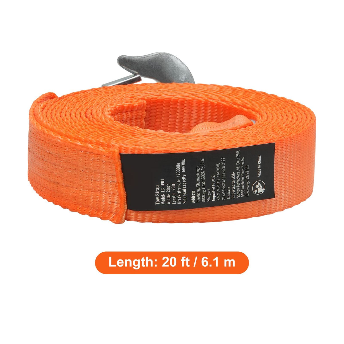 ATV Tow Strap with Hooks, 2-inch x 20-foot, 17000 lbs Capacity, Durable Recovery Rope with Security Hooks for Trucks and Vehicles, Essential Towing Accessory for Roadside Assistance