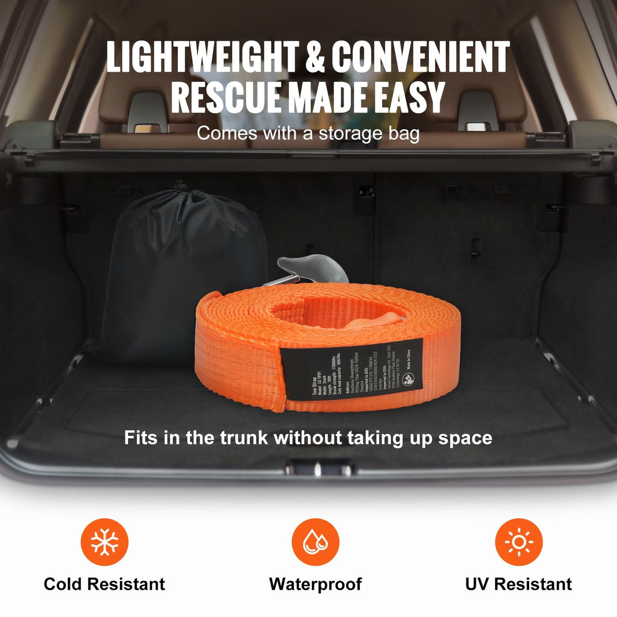 ATV Tow Strap with Hooks, 2-inch x 20-foot, 17000 lbs Capacity, Durable Recovery Rope with Security Hooks for Trucks and Vehicles, Essential Towing Accessory for Roadside Assistance