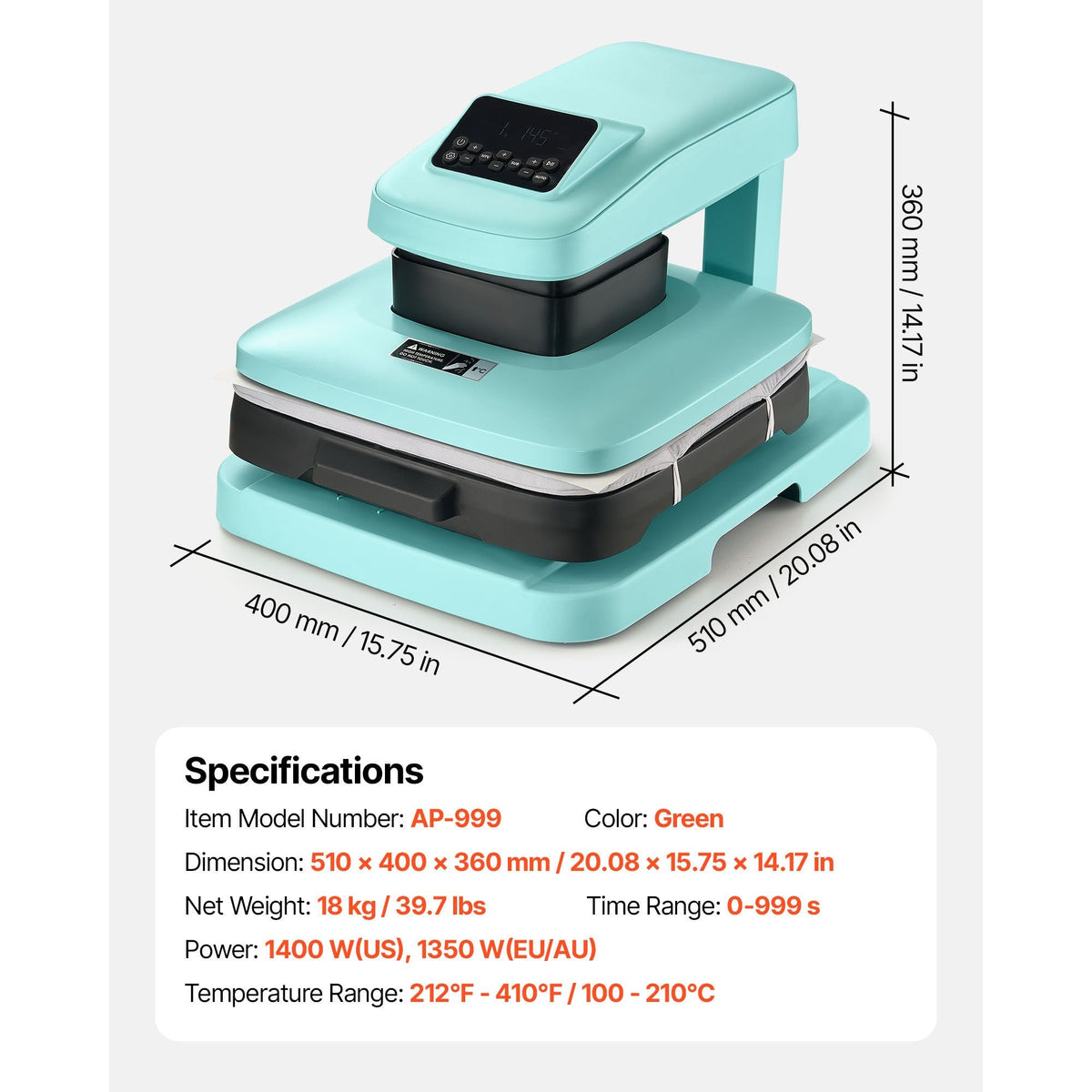 Auto Heat Press Machine, 15 x 15 inch, T-Shirt Press Machine with Auto Release and Adjustable Pressure, Digital Display, Rapid Heating, for Sublimation, Vinyl, Heat Transfer Projects, Green