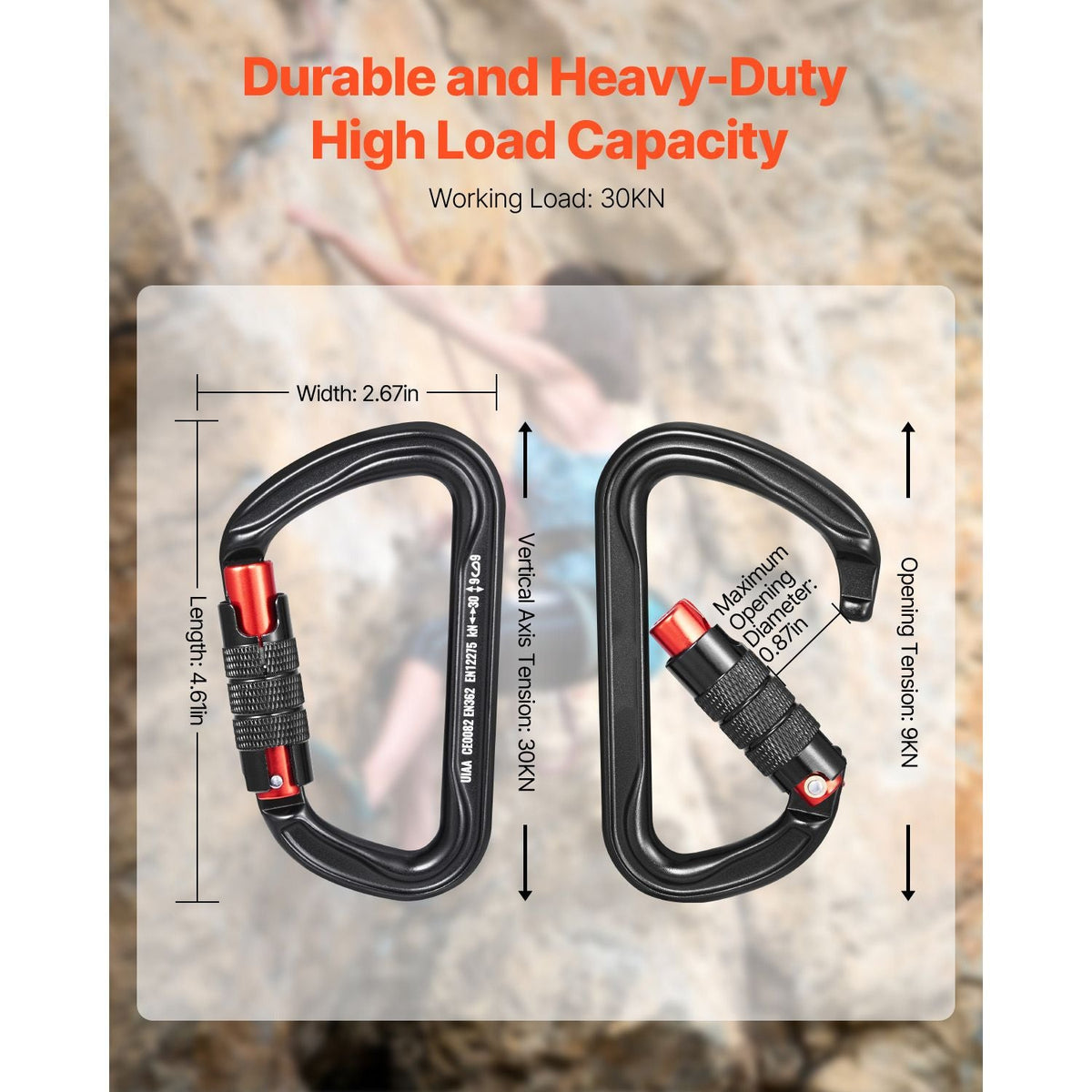 Auto Locking Carabiner Clips, 3 PCS Heavy Duty Caribiner, Professional 30 KN / 6744 lbs Spindle Strength, D-Shaped for Climbing,Hiking,Rappelling,Rescue,Dog Leash,Hammocks, Swings