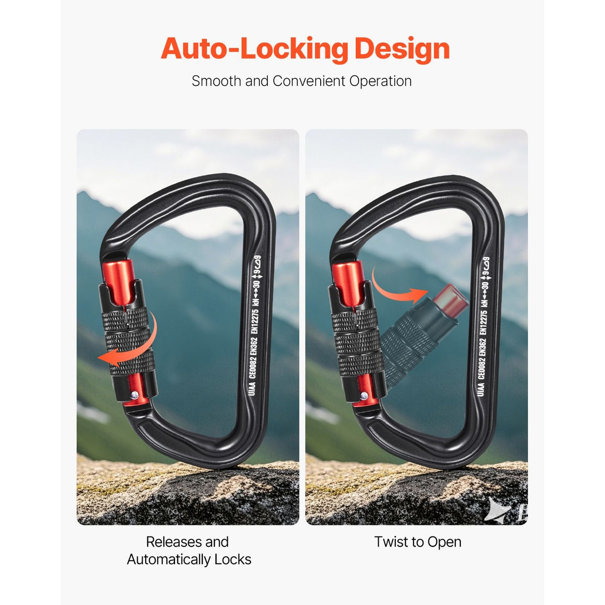 Auto Locking Carabiner Clips, 3 PCS Heavy Duty Caribiner, Professional 30 KN / 6744 lbs Spindle Strength, D-Shaped for Climbing,Hiking,Rappelling,Rescue,Dog Leash,Hammocks, Swings