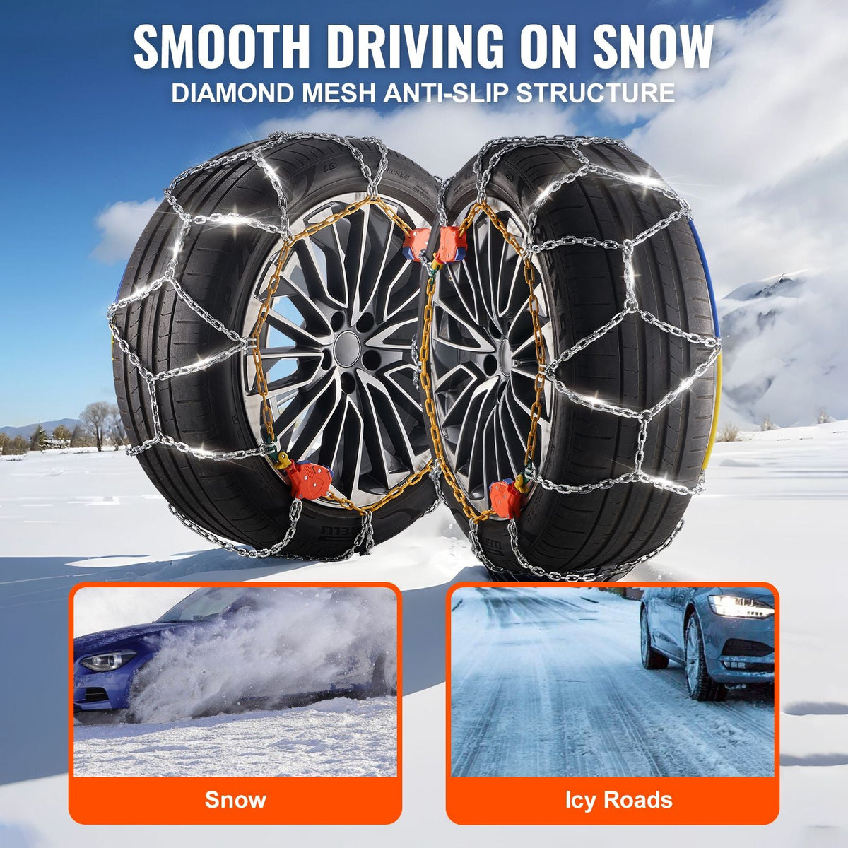 Auto Tightening Snow Chains, Diamond Mesh Traction Wheel Chains for Anti-slip, Alloy Steel Tire Chains for Tires 265/75-15, 265/75-16, LT265/75-16, 255/75-17, LT255/75-17, 275/45-22, 265/70-16