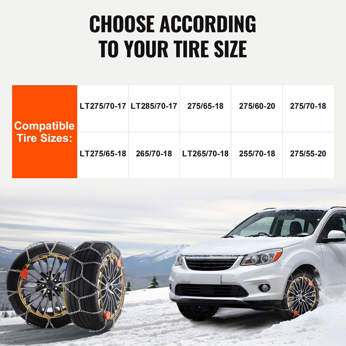 Auto Tightening Snow Chains, Diamond Mesh Traction Wheel Chains for Anti-slip, Manganese Alloy Steel Emergency Tire Chains for Cars, Pickups, SUVs, and Trucks (Set of 2)