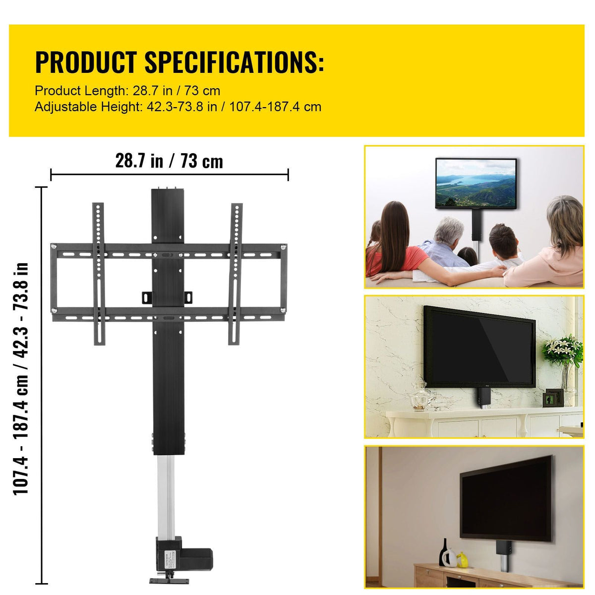 Automated TV Elevator, 31" Stroke for Up to 60" Screens, Adjustable Height 42"-73", Remote Controlled, Supports 132 lbs