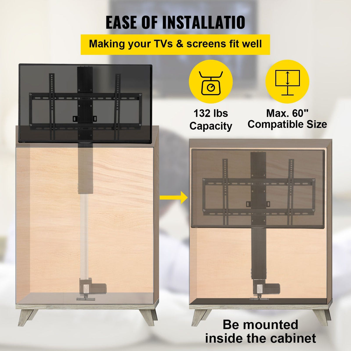 Automated TV Elevator, 31" Stroke for Up to 60" Screens, Adjustable Height 42"-73", Remote Controlled, Supports 132 lbs