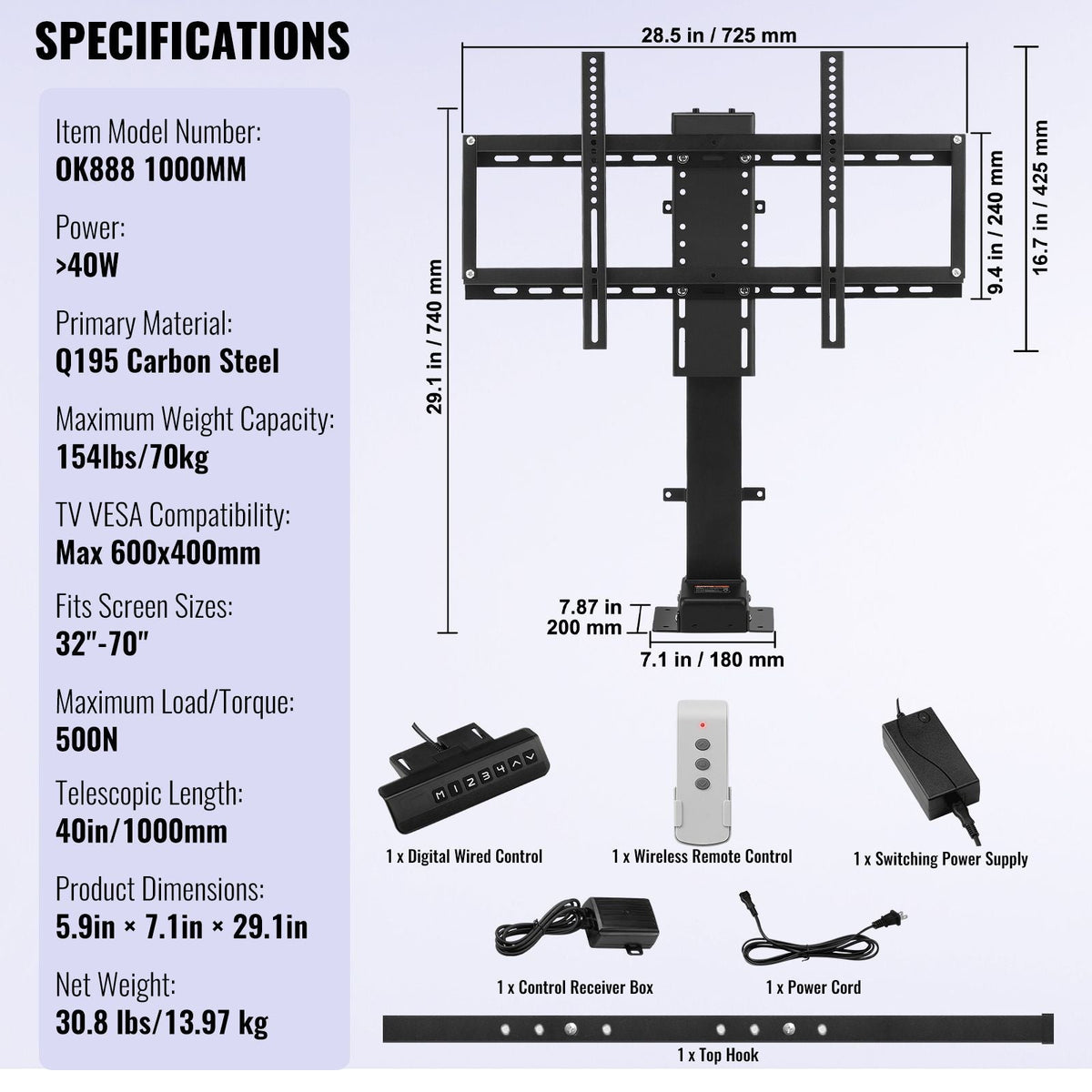 Automated TV Elevator, 39.4" Stroke, Supports 32-70" TVs, Adjustable Height 28.74-68.11", Remote Controlled, Max Load 154 lbs