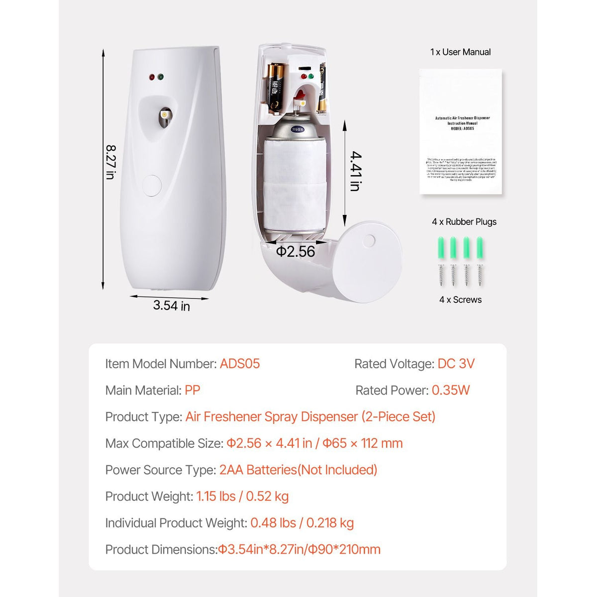 Automatic Air Freshener Spray Dispenser, 2-Pack, Wall Mounted or Free Standing, Battery Operated, Multiple Time Settings for Home, Indoor, Bathrooms, Offices, Hotels, Commercial Places, White
