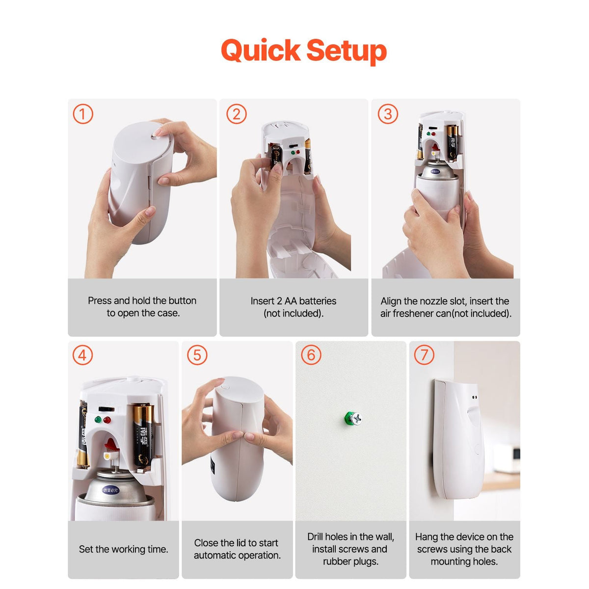 Automatic Air Freshener Spray Dispenser, 2-Pack, Wall Mounted or Free Standing, Battery Operated, Multiple Time Settings for Home, Indoor, Bathrooms, Offices, Hotels, Commercial Places, White