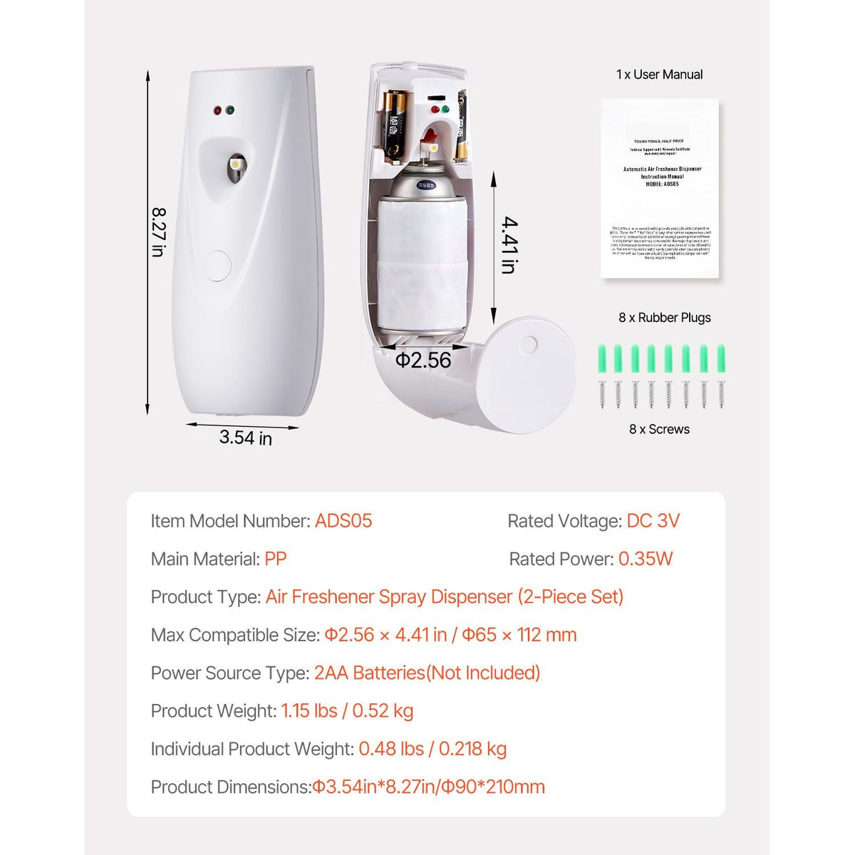 Automatic Air Freshener Spray Dispenser, 4-Pack, Wall Mounted or Free Standing, Battery Operated, Multiple Time Settings for Home, Indoor, Bathrooms, Offices, Hotels, Commercial Places, White