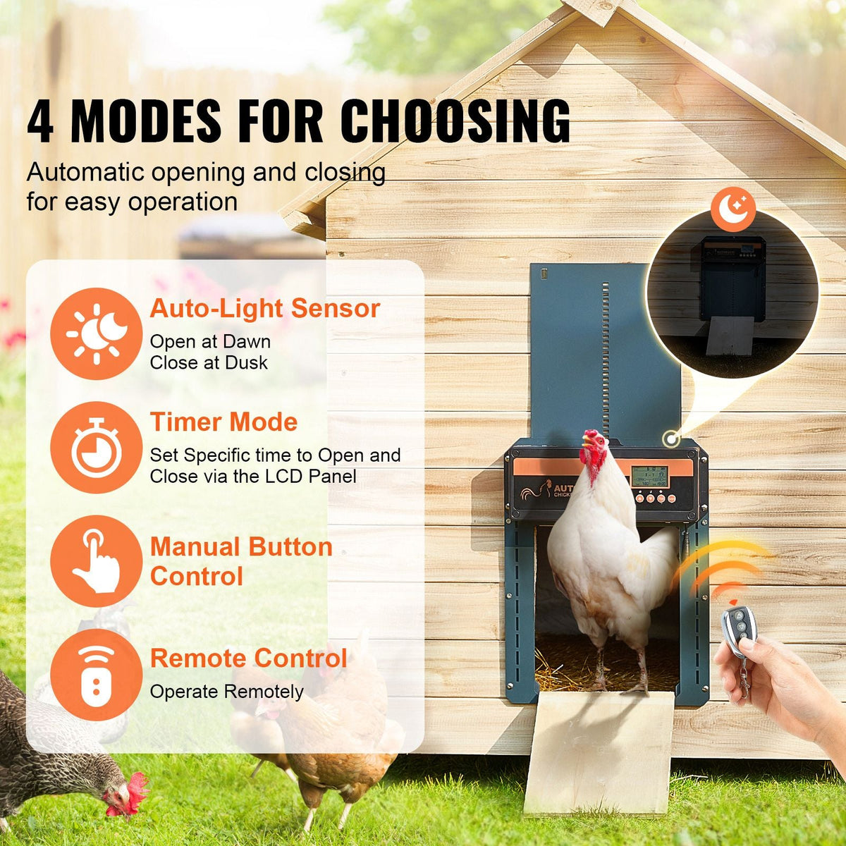 Automatic Chicken Coop Door, Auto Chicken Door Opener with Timer & Light Sensor Aluminum Chicken Coops Door with Remote Control and LCD screen, 4 Modes Opening, Battery or DC Powered