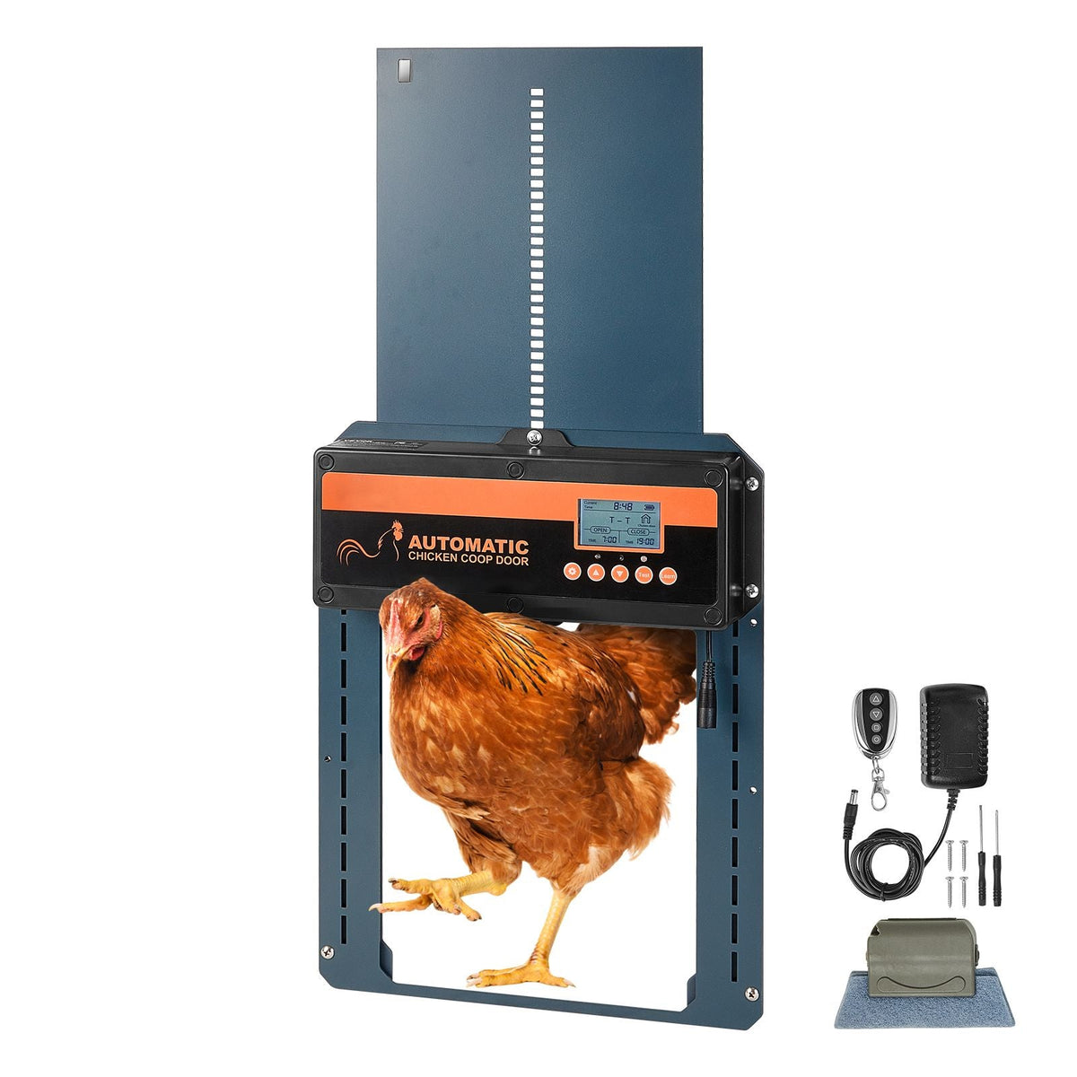Automatic Chicken Coop Door, Auto Chicken Door Opener with Timer & Light Sensor Aluminum Chicken Coops Door with Remote Control and LCD screen, 4 Modes Opening, Battery or DC Powered