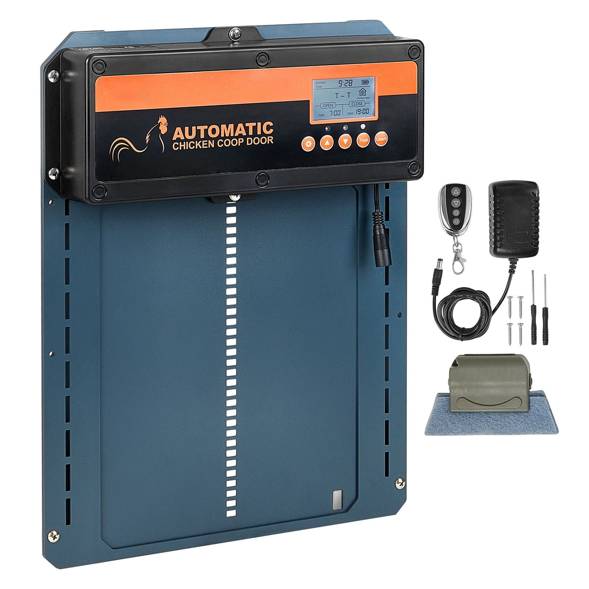 Automatic Chicken Coop Door, Auto Chicken Door Opener with Timer & Light Sensor Aluminum Chicken Coops Door with Remote Control and LCD screen, 4 Modes Opening, Battery or DC Powered