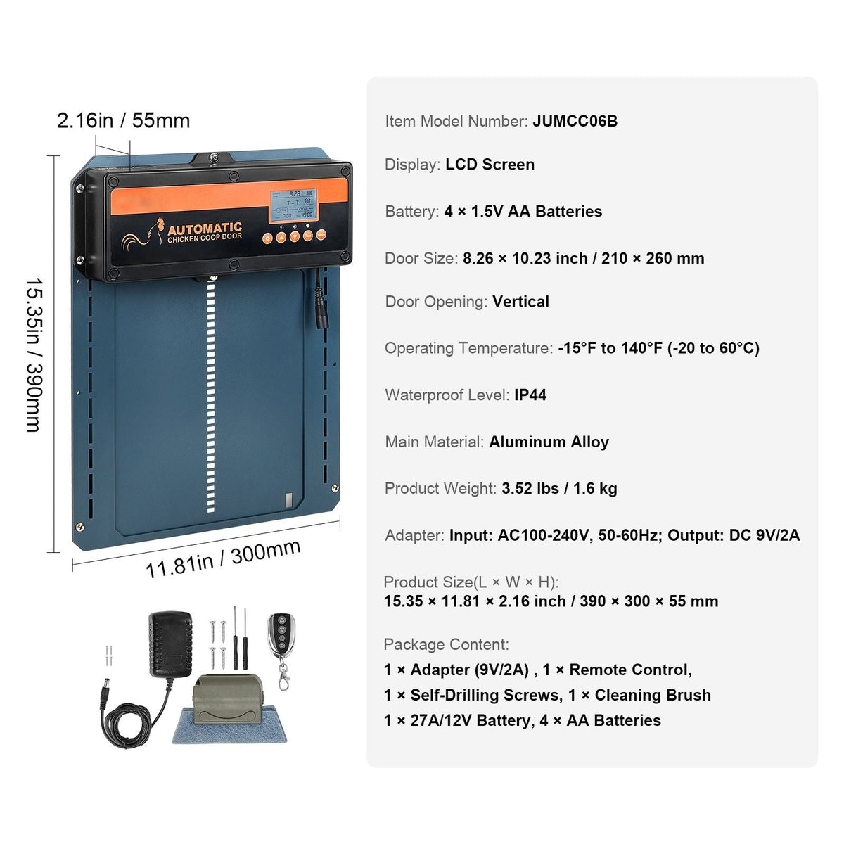 Automatic Chicken Coop Door, Auto Chicken Door Opener with Timer & Light Sensor Aluminum Chicken Coops Door with Remote Control and LCD screen, 4 Modes Opening, Battery or DC Powered