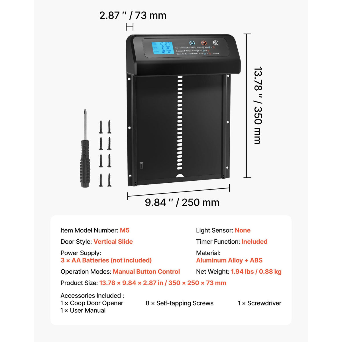 Automatic Chicken Coop Door, Battery Powered Chicken Coop Door with Timer & Manual Setting, Anti-Pinch Security, Durable Aluminum Alloy, Auto Chick Run Gate Opener with Waterproof Sealing, Black