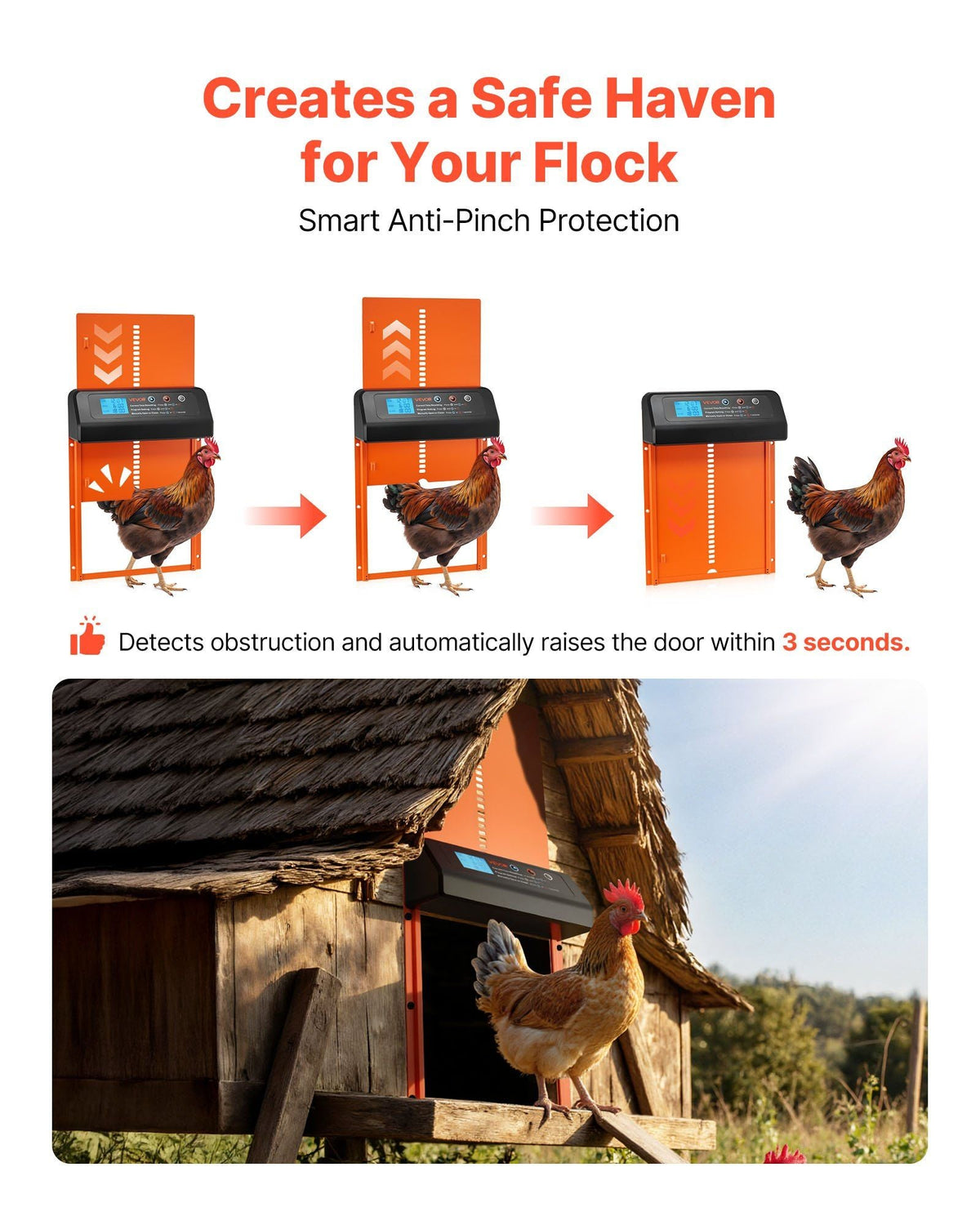Automatic Chicken Coop Door, Battery Powered Chicken Coop Door with Timer & Manual Setting, Anti-Pinch Security, Durable Aluminum Alloy, Chick Run Gate Opener with Waterproof Sealing, Orange
