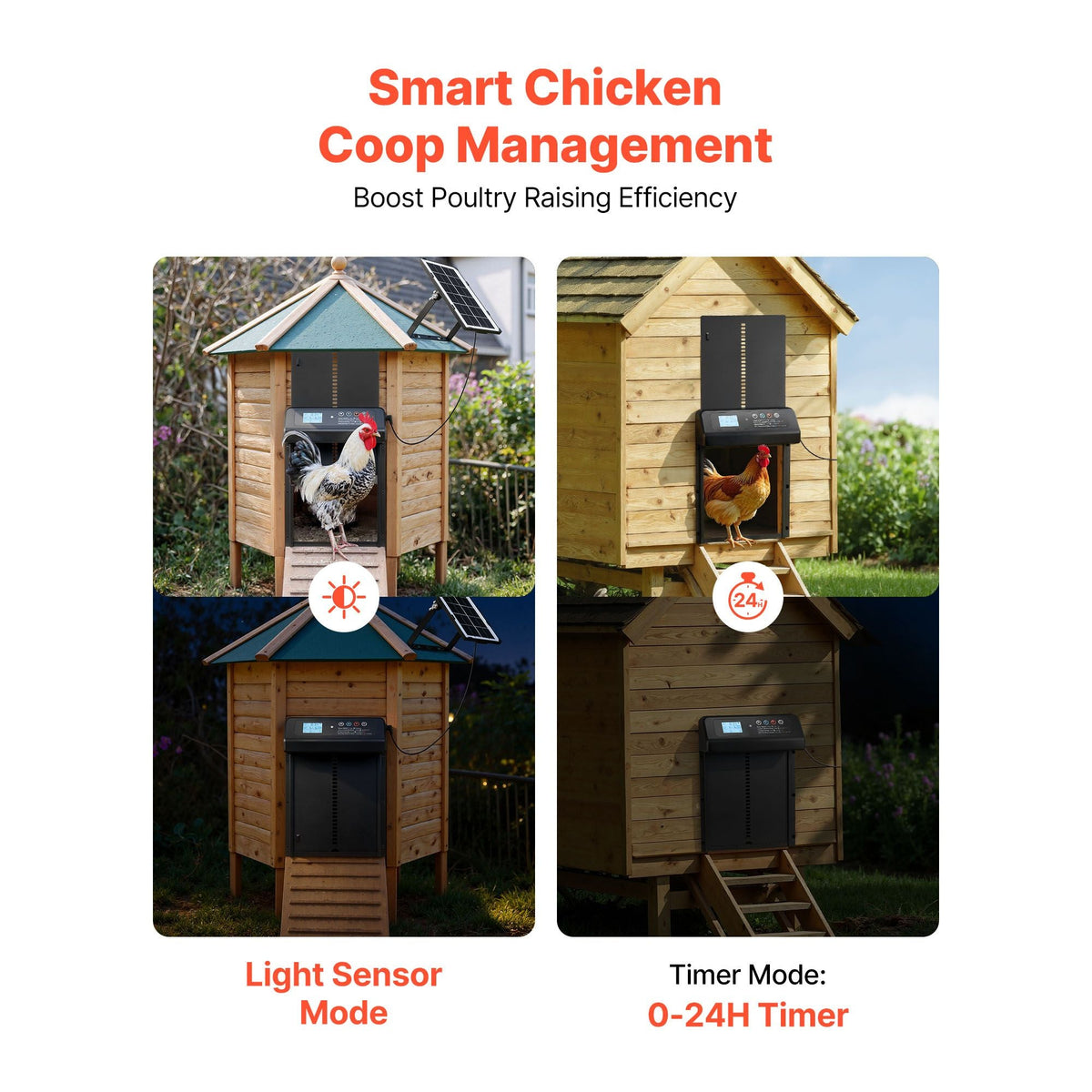 Automatic Chicken Coop Door, Solar & Battery Powered Chicken Door with LCD Display, Remote Control, Light Sensor & Timer, Anti-Pinch Security, Aluminum Alloy Chick Run Gate Opener, Black