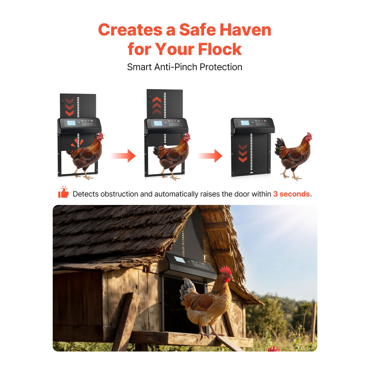 Automatic Chicken Coop Door, Solar & Battery Powered Chicken Door with LCD Display, Remote Control, Light Sensor & Timer, Anti-Pinch Security, Aluminum Alloy Chick Run Gate Opener, Black