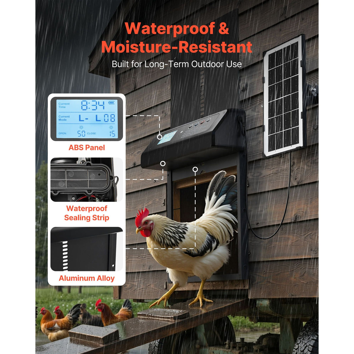 Automatic Chicken Coop Door, Solar & Battery Powered Chicken Door with LCD Display, Remote Control, Light Sensor & Timer, Anti-Pinch Security, Aluminum Alloy Chick Run Gate Opener, Black