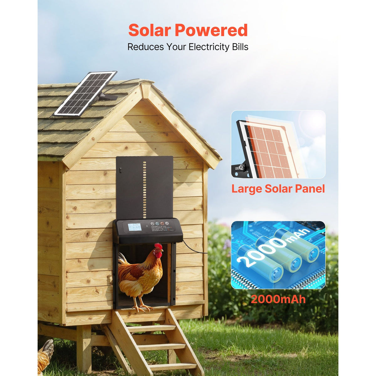 Automatic Chicken Coop Door, Solar & Battery Powered Chicken Door with LCD Display, Remote Control, Light Sensor & Timer, Anti-Pinch Security, Aluminum Alloy Chick Run Gate Opener, Black