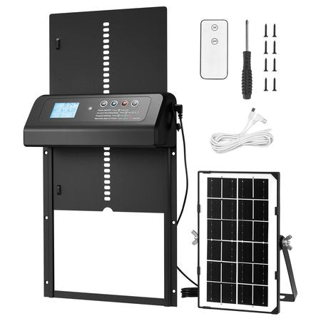 Automatic Chicken Coop Door, Solar & Battery Powered Chicken Door with LCD Display, Remote Control, Light Sensor & Timer, Anti-Pinch Security, Aluminum Alloy Chick Run Gate Opener, Black