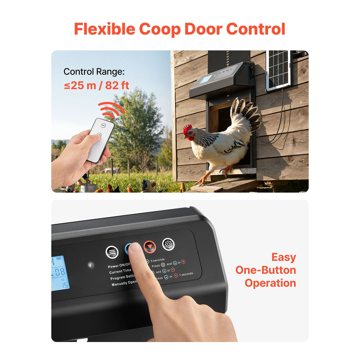 Automatic Chicken Coop Door, Solar & Battery Powered Chicken Door with LCD Display, Remote Control, Light Sensor & Timer, Anti-Pinch Security, Aluminum Alloy Chick Run Gate Opener, Black