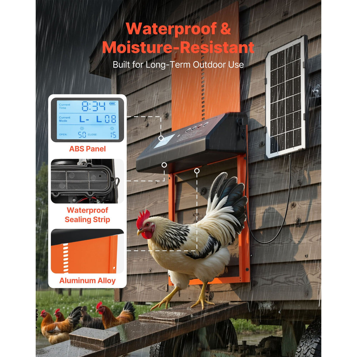 Automatic Chicken Coop Door, Solar & Battery Powered Chicken Door with LCD Display, Remote Control, Light Sensor & Timer, Anti-Pinch Security, Aluminum Alloy Chick Run Gate Opener, Orange