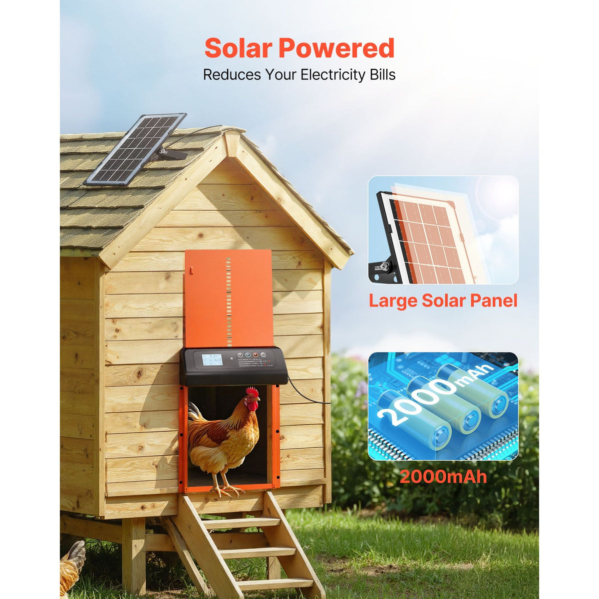 Automatic Chicken Coop Door, Solar & Battery Powered Chicken Door with LCD Display, Remote Control, Light Sensor & Timer, Anti-Pinch Security, Aluminum Alloy Chick Run Gate Opener, Orange