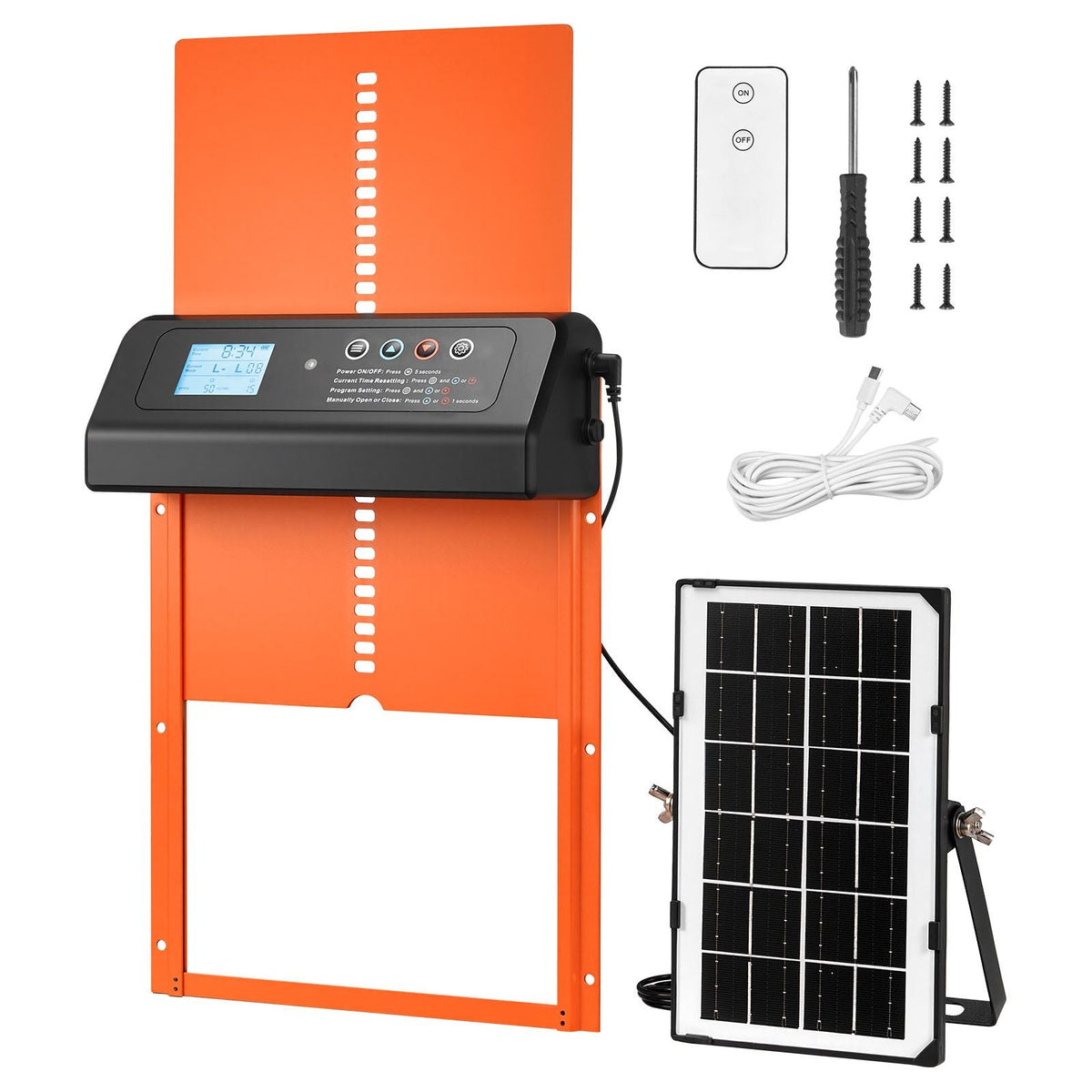 Automatic Chicken Coop Door, Solar & Battery Powered Chicken Door with LCD Display, Remote Control, Light Sensor & Timer, Anti-Pinch Security, Aluminum Alloy Chick Run Gate Opener, Orange