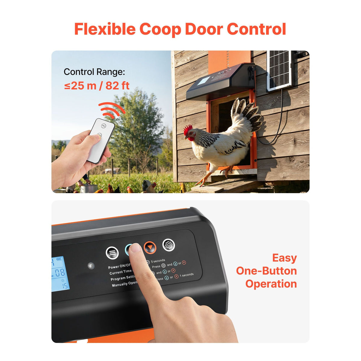 Automatic Chicken Coop Door, Solar & Battery Powered Chicken Door with LCD Display, Remote Control, Light Sensor & Timer, Anti-Pinch Security, Aluminum Alloy Chick Run Gate Opener, Orange