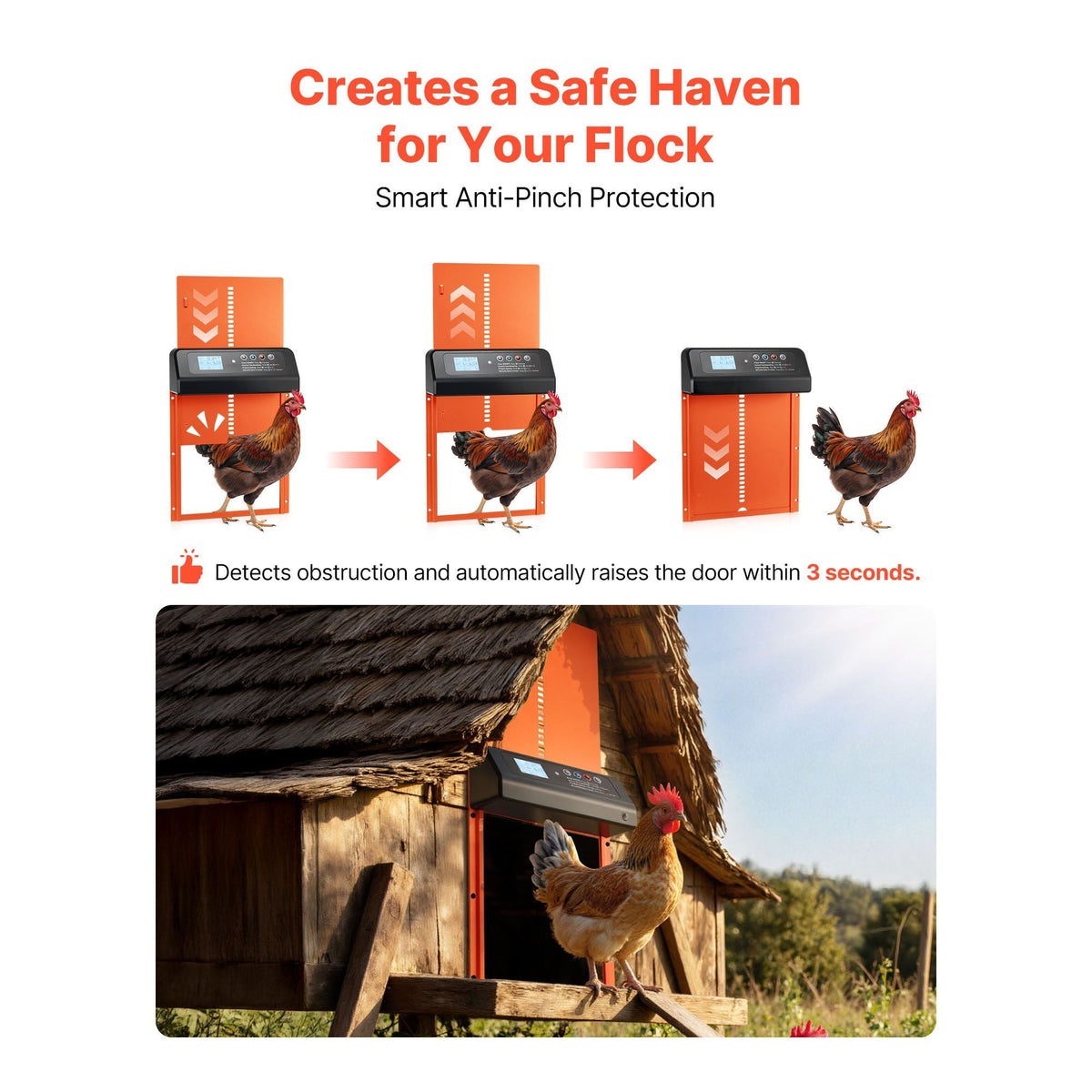 Automatic Chicken Coop Door, Solar & Battery Powered Chicken Door with LCD Display, Remote Control, Light Sensor & Timer, Anti-Pinch Security, Aluminum Alloy Chick Run Gate Opener, Orange