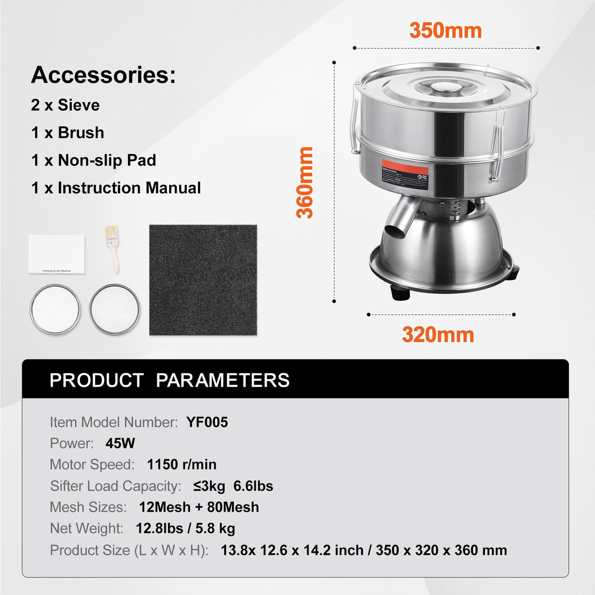 Automatic Electric Vibrating Sieve, Stainless Steel Sifter Shaker Machine with 12+80 Mesh, 45W Automatic Powder Sifter Machine Countertop, Electric Sieve Shaker for Flour Powers, Mungbean, Rice
