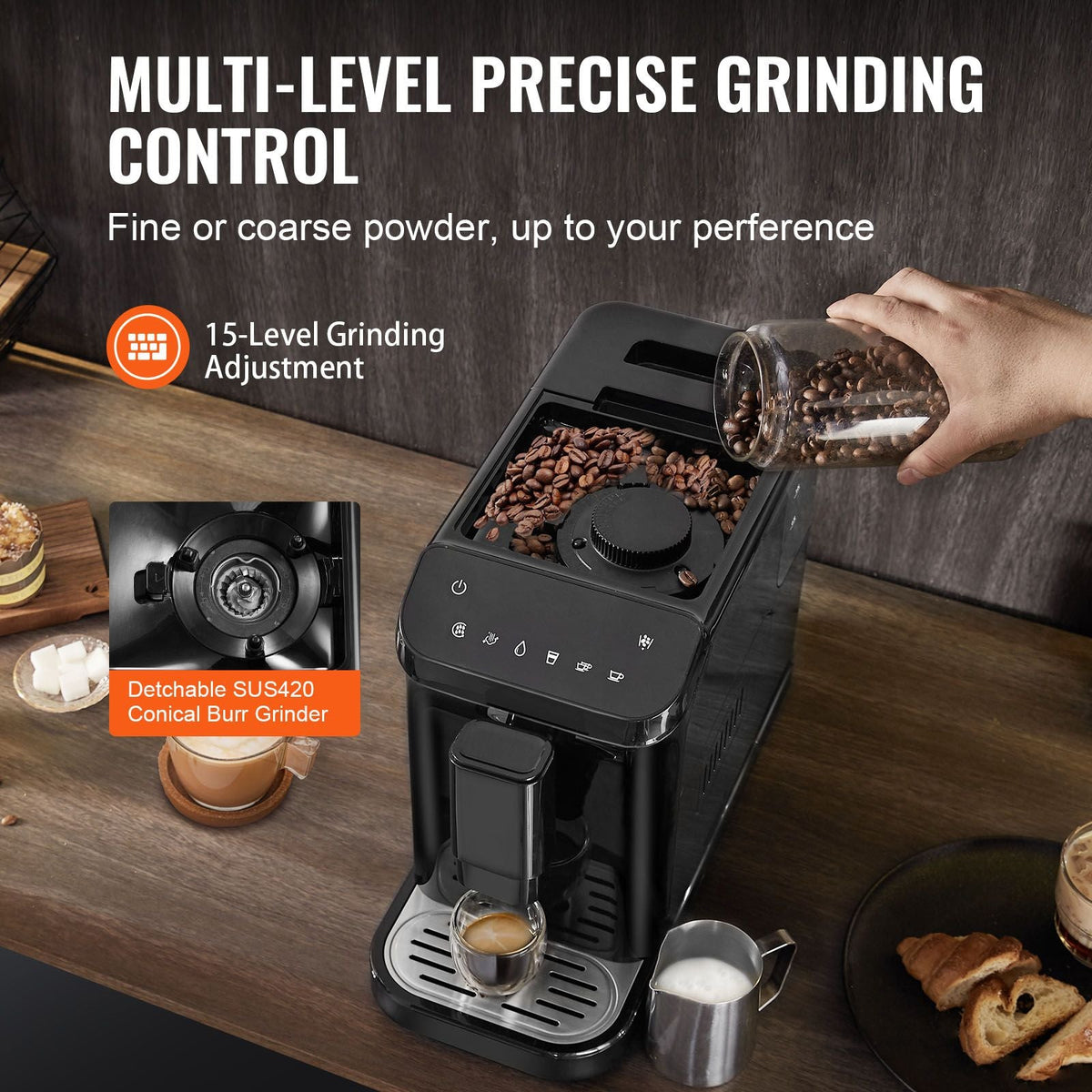 Automatic Espresso Machine - Built-In Grinder, 15 Bar Auto Coffee Machine with 15-Level Grinding Settings, Professional Espresso Coffee Maker with 1.5L Water Tank and 180g Bean Hopper