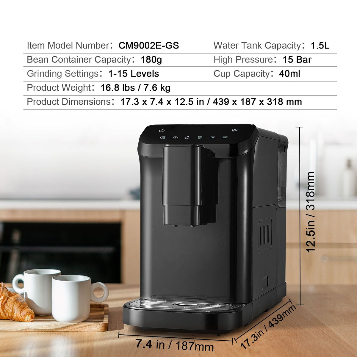 Automatic Espresso Machine - Built-In Grinder, 15 Bar Auto Coffee Machine with 15-Level Grinding Settings, Professional Espresso Coffee Maker with 1.5L Water Tank and 180g Bean Hopper