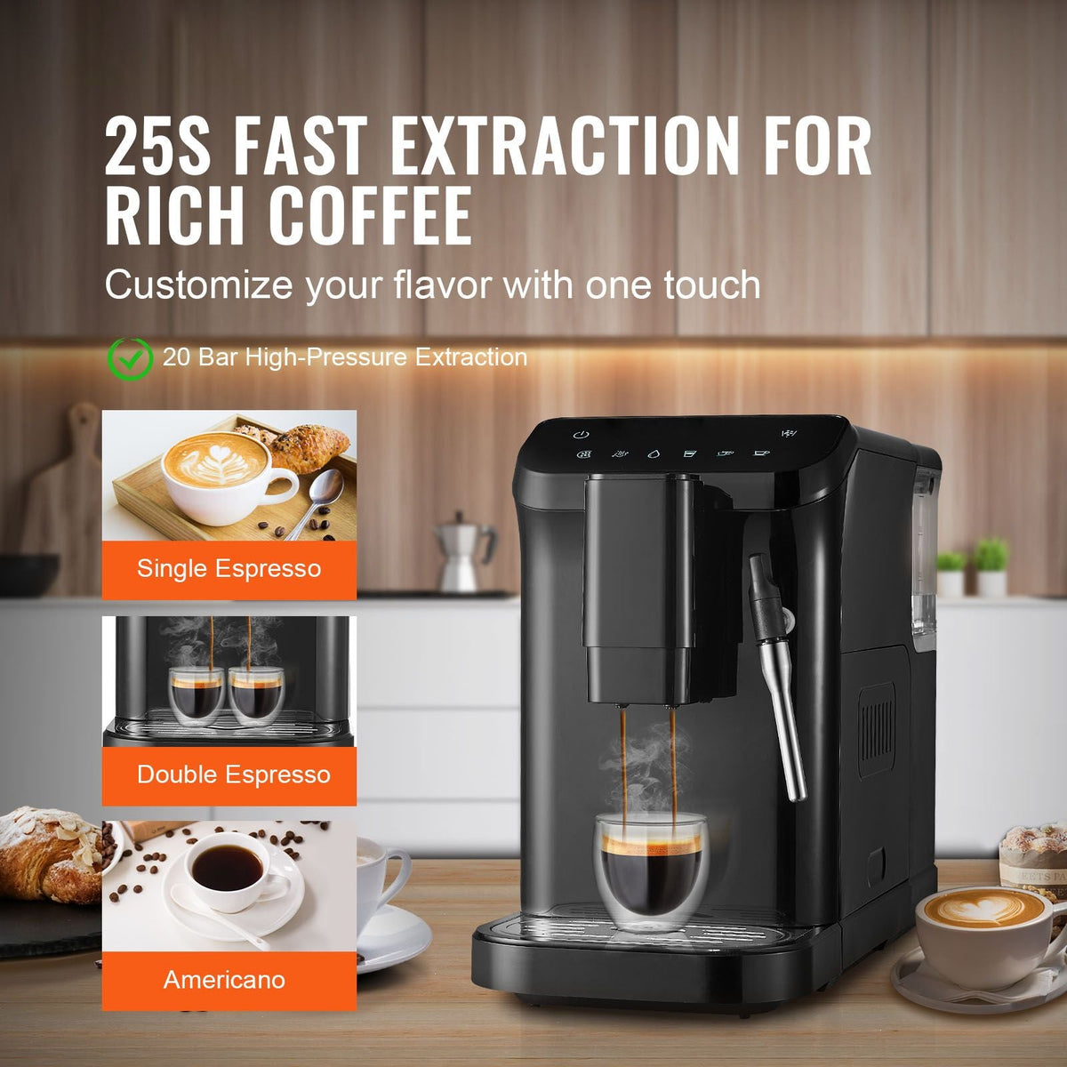 Automatic Espresso Machine, 20 Bar Auto Coffee Machine with Frother Steam Wand, Built-In Grinder and 15-Level Grinding Settings, Professional Espresso Coffee Maker with 1.5L Water Tank