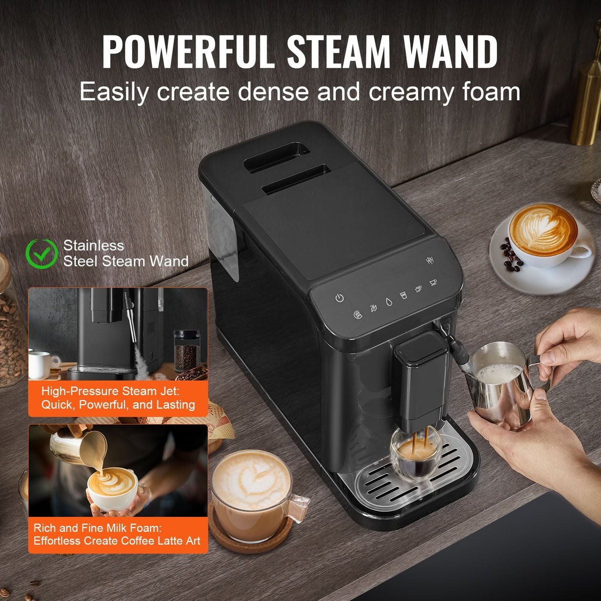 Automatic Espresso Machine, 20 Bar Auto Coffee Machine with Frother Steam Wand, Built-In Grinder and 15-Level Grinding Settings, Professional Espresso Coffee Maker with 1.5L Water Tank