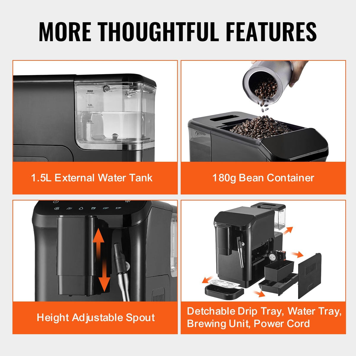 Automatic Espresso Machine, 20 Bar Auto Coffee Machine with Frother Steam Wand, Built-In Grinder and 15-Level Grinding Settings, Professional Espresso Coffee Maker with 1.5L Water Tank