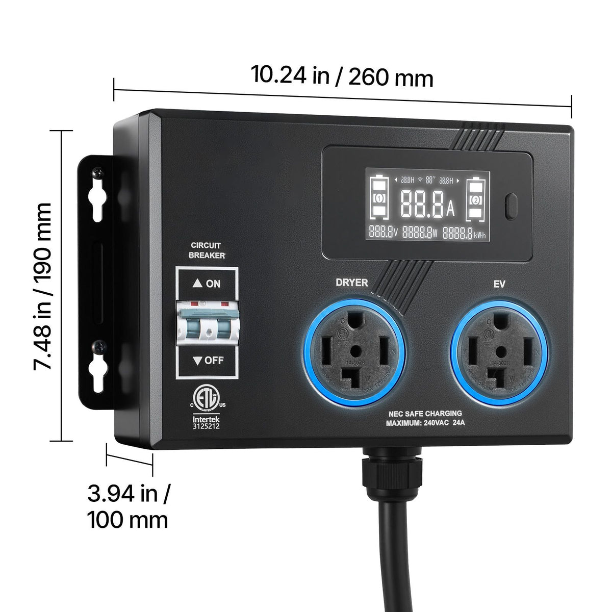 Automatic EV Charging Switch, NEMA 14-30, Splitter Switch for Dryer & EV Charger, 24A Max 240V Smart Power Distribution with Circuit Breaker, Real-Time Display, for EVs, Ovens, Dishwashers, ETL
