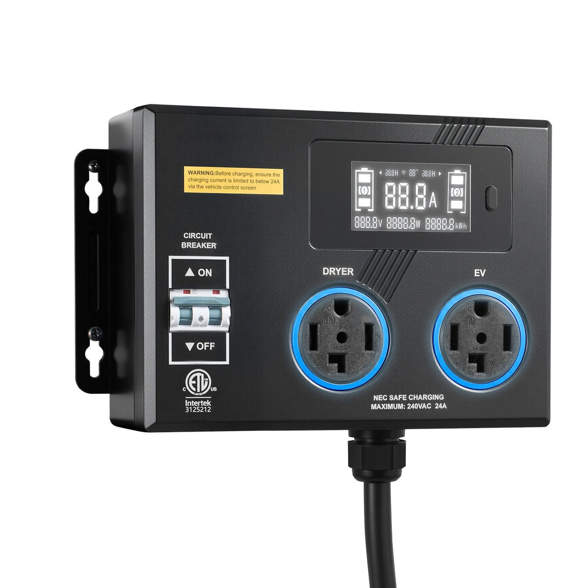 Automatic EV Charging Switch, NEMA 14-30, Splitter Switch for Dryer & EV Charger, 24A Max 240V Smart Power Distribution with Circuit Breaker, Real-Time Display, for EVs, Ovens, Dishwashers, ETL