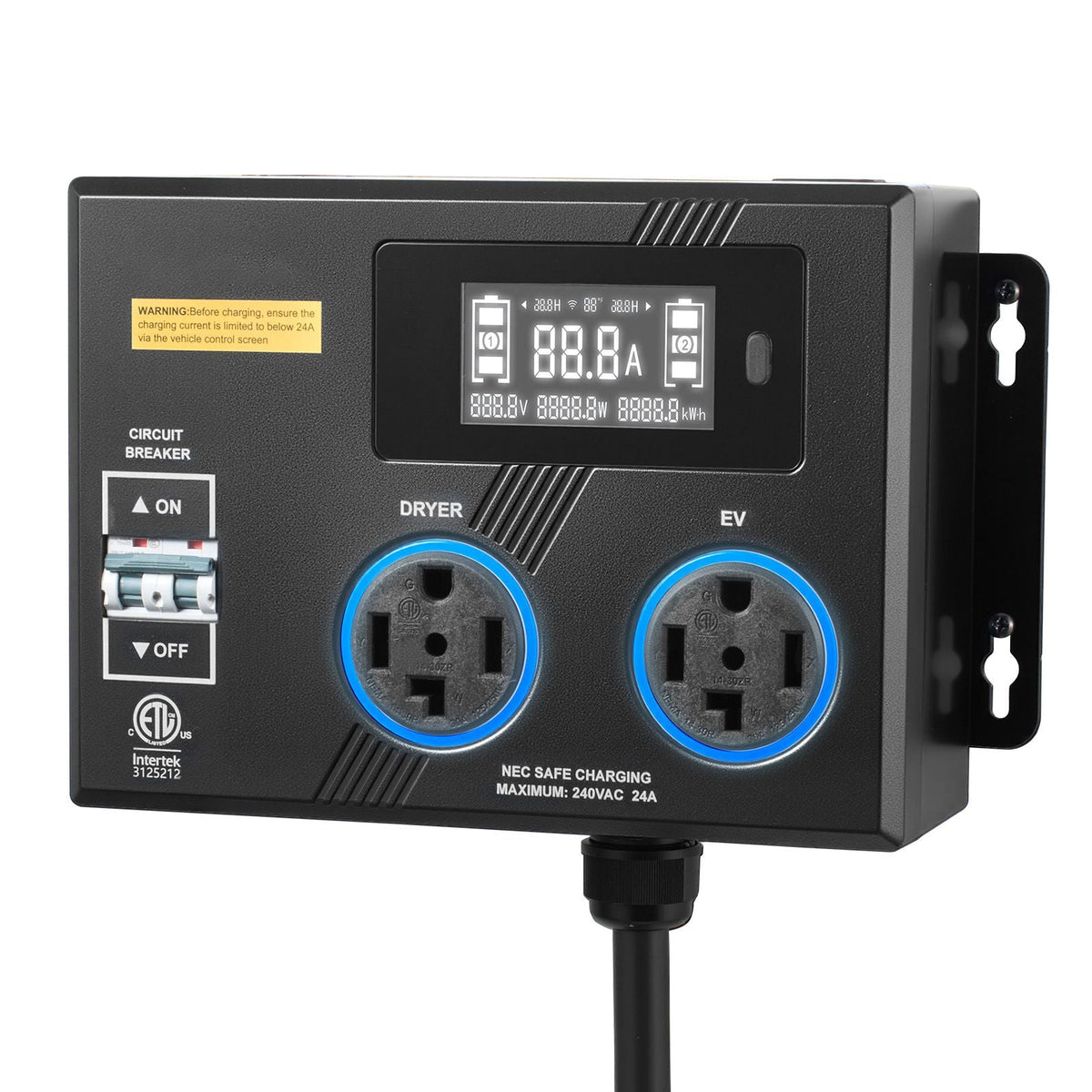 Automatic EV Charging Switch, NEMA 14-30, Splitter Switch for Dryer & EV Charger, 24A Max 240V Smart Power Distribution with Circuit Breaker, Real-Time Display, for EVs, Ovens, Dishwashers, ETL