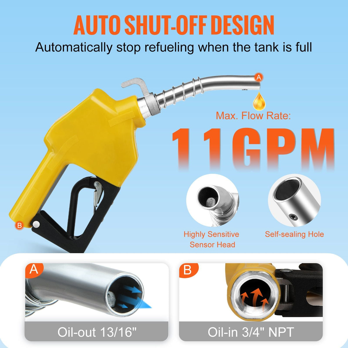 Automatic Fuel Nozzle, 3/4" NPT Inlet Thread & 13/16" Spout, 11 GPM Max Flow Rate, Auto Shut Off, Aluminum & PVC Gas Pump Handle with 360° Swivel for Gasoline Diesel Kerosene Biodiesel Refilling
