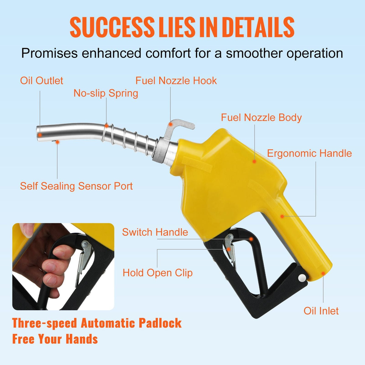 Automatic Fuel Nozzle, 3/4" NPT Inlet Thread & 13/16" Spout, 11 GPM Max Flow Rate, Auto Shut Off, Aluminum & PVC Gas Pump Handle with 360° Swivel for Gasoline Diesel Kerosene Biodiesel Refilling