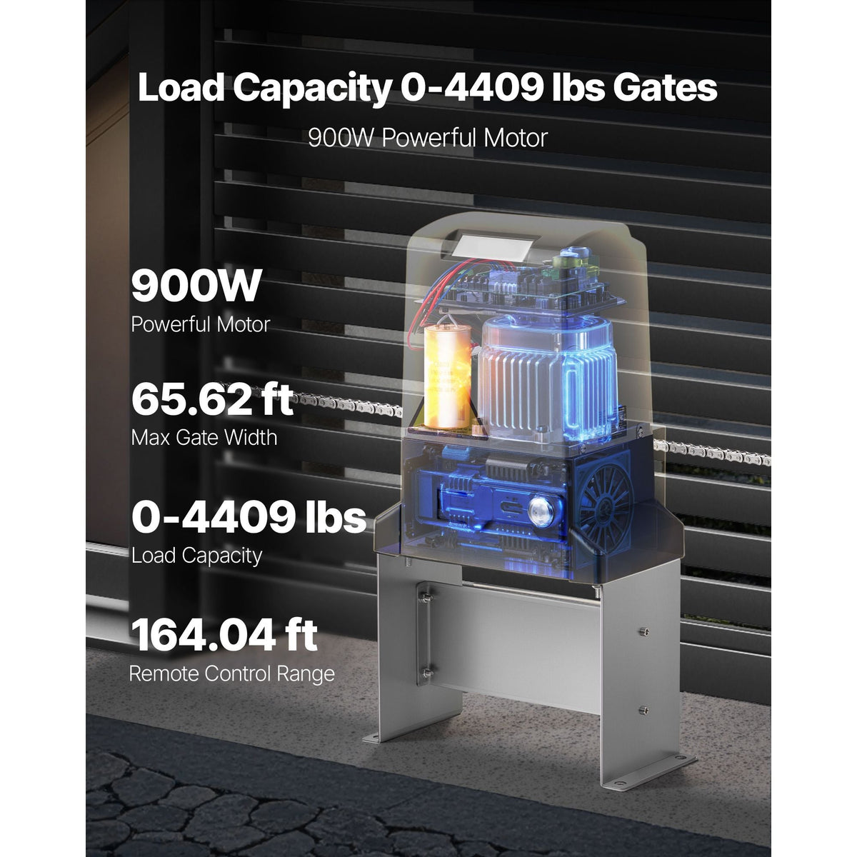 Automatic Gate Opener, 900W Electric Sliding Gate Opener for Doors up to 65.6ft 4409lbs, Chain Drive Rolling Door Motor with Infrared Sensor & 2 Remote Controls, Driveway Gates Opening System