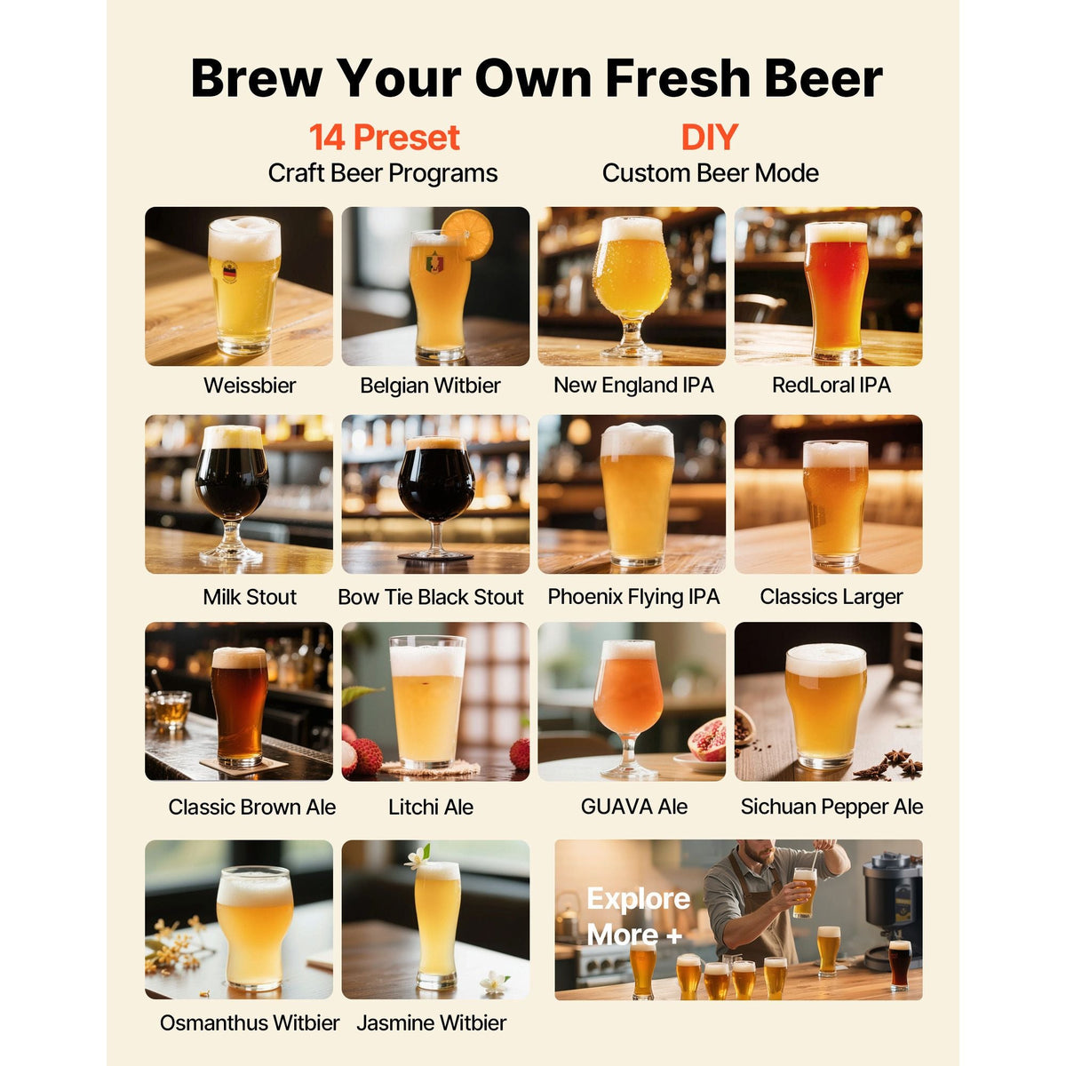 Automatic Home Beer Brewer, 1500W Electric Beer Brewing Machine, 3.43 Gal All-in-One Home Brewer with Mash Boil Device, 304 Stainless Steel Internal Tank, Auto Temperature & Pressure Control