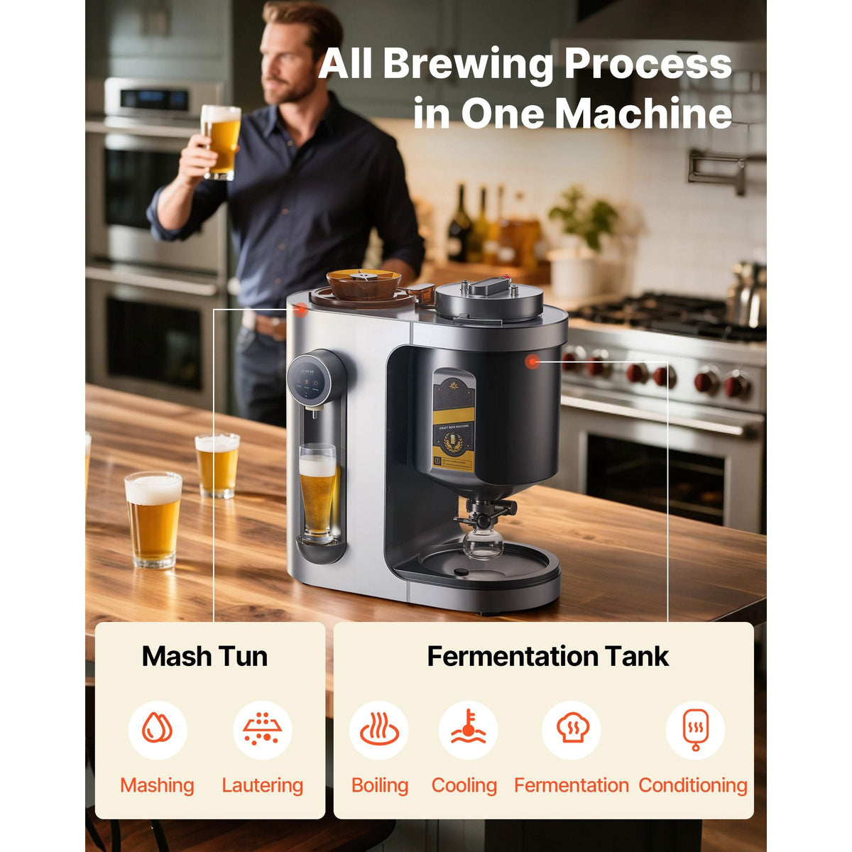 Automatic Home Beer Brewer, 1500W Electric Beer Brewing Machine, 3.43 Gal All-in-One Home Brewer with Mash Boil Device, 304 Stainless Steel Internal Tank, Auto Temperature & Pressure Control