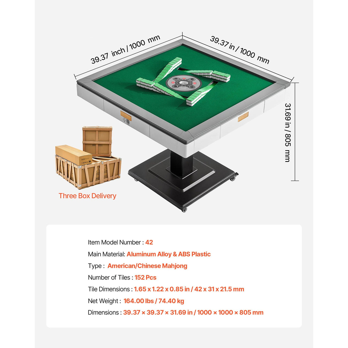 Automatic Mahjong Table with Wheels, 2 Sets of 42 mm Tiles (152 Pcs), Roller Coaster Style Mahjong-Table, Foldable and Automatic Shuffler, for Home, Outdoor Leisure & Gifts for Mahjong Players