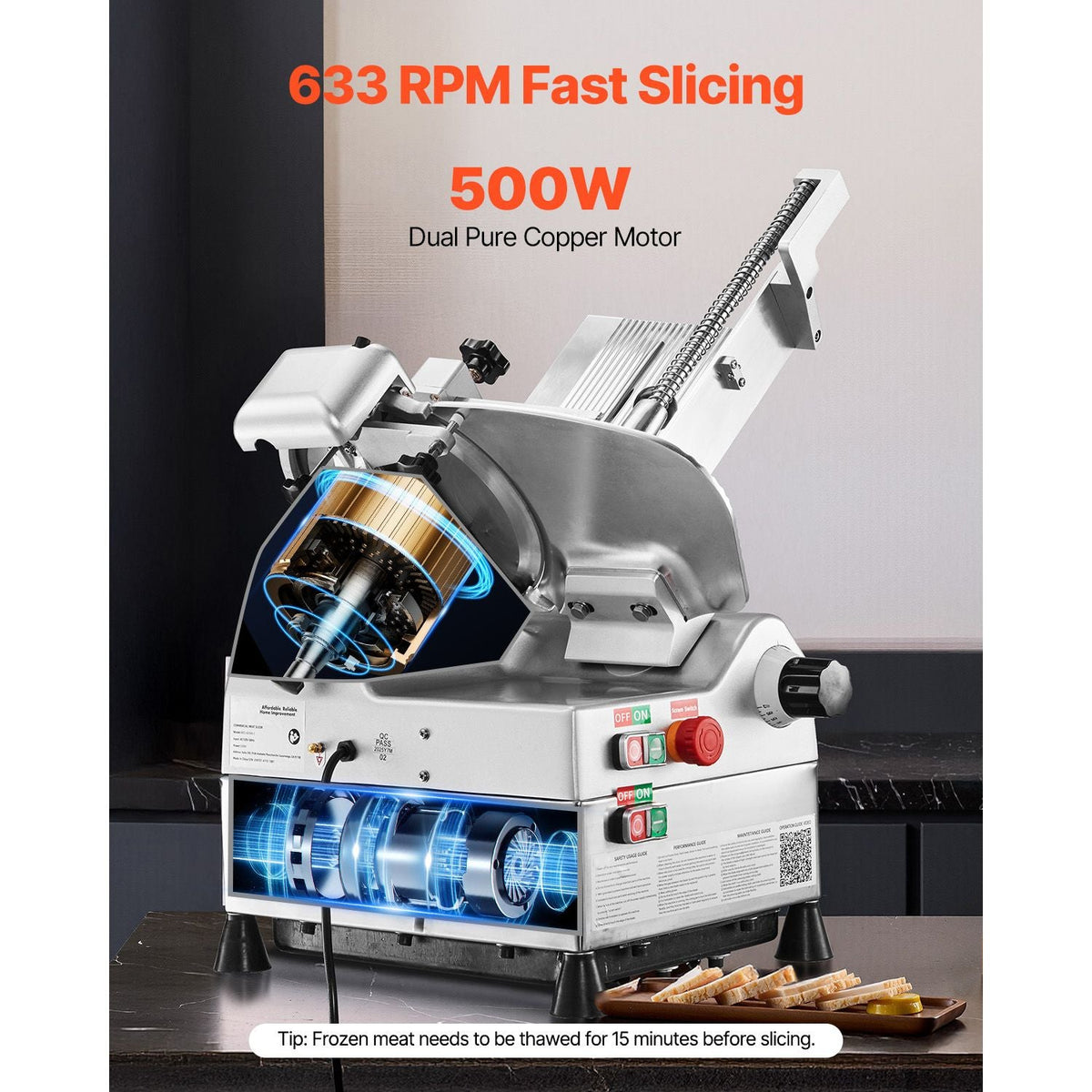 Automatic Meat Slicer, 500W, Electric Deli Slicer Machine with 10 inch Sharp 75Cr1 Steel Blade, 0-0.67 inch Adjustable Thickness, 633 RPM Fast Slicing, for Frozen Meat, Cheese, and Bread