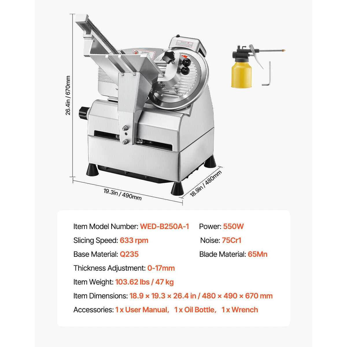 Automatic Meat Slicer, 500W, Electric Deli Slicer Machine with 10 inch Sharp 75Cr1 Steel Blade, 0-0.67 inch Adjustable Thickness, 633 RPM Fast Slicing, for Frozen Meat, Cheese, and Bread