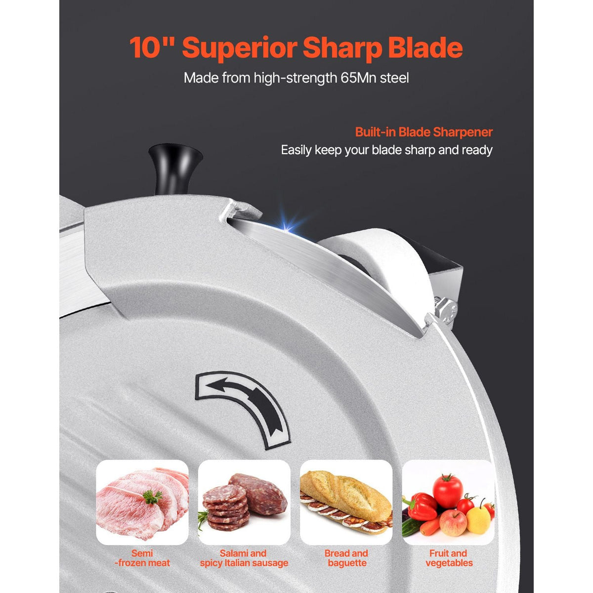 Automatic Meat Slicer, 500W, Electric Deli Slicer Machine with 10 inch Sharp 75Cr1 Steel Blade, 0-0.67 inch Adjustable Thickness, 633 RPM Fast Slicing, for Frozen Meat, Cheese, and Bread