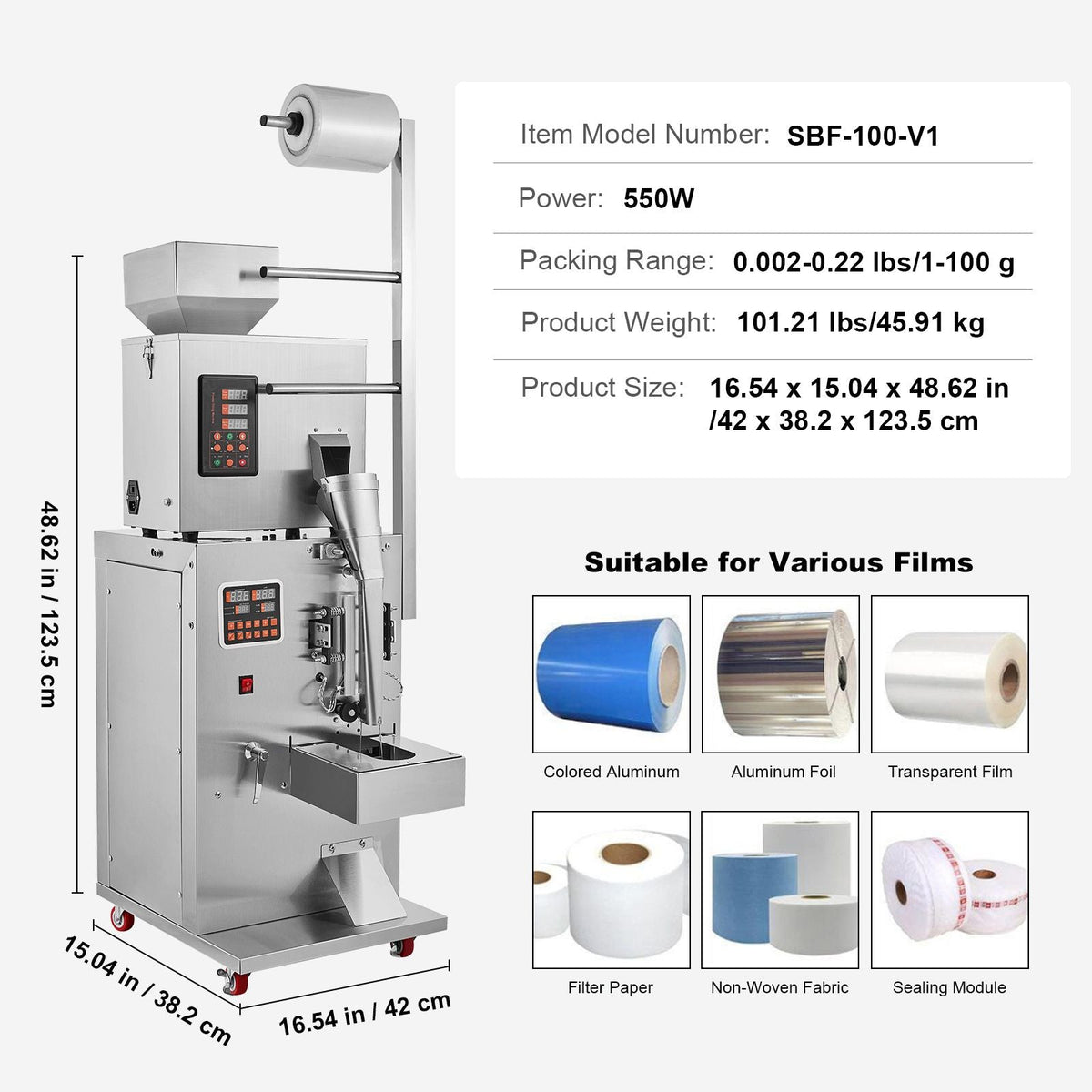 Automatic Particle Packaging Machine, 0.002-0.22lbs/1-100g, Multi-Function Pouch Powder Sachet Weighting Filling Packing Machine, Powder Filler Machine for Tea Seeds Grains Flour Beans Glitter